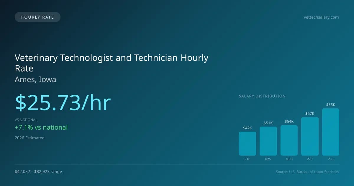 Veterinary Technologist and Technician Hourly Rate in Ames, IA — 2026 est., based on 2025 BLS